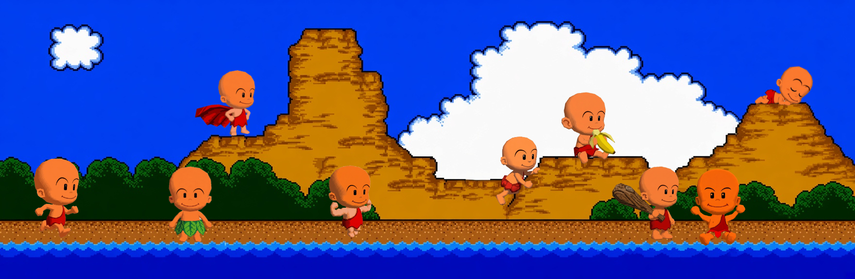 A whole tribe of BONK cave-babies running, sitting and eating bananas across a prehistoric jungle world of pyramids and blue water
